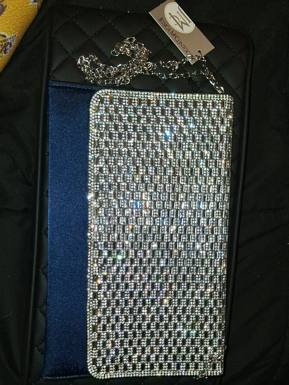 Jessica McClintock Silver Rhinestone Phone Clutch with Chain